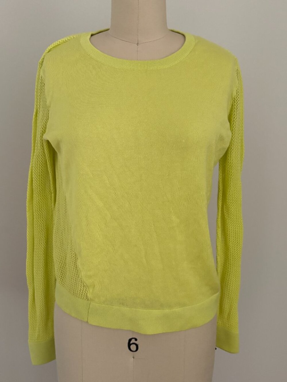 CAbi Women's Neon Lemon Lime Split Back Mesh Pullover Sweater Athleisure M